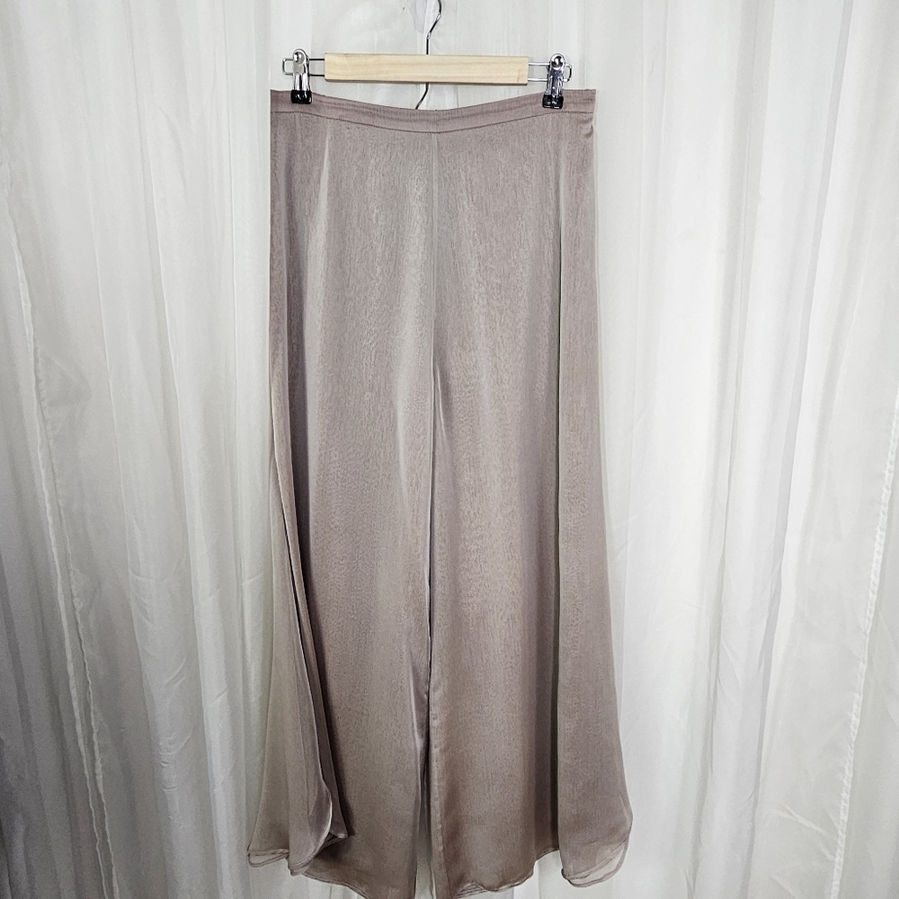 St. John Evening Wide-Leg Silk Satin Chiffon Layered Side Slit Trousers Taupe 8 - Picture 2 of 12